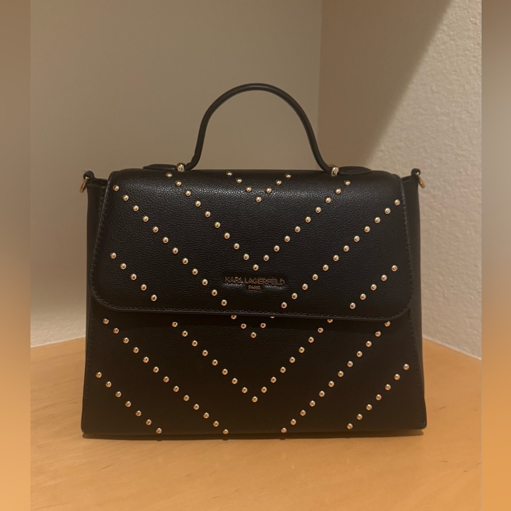 KARL LAGERFELD Paris Black Leather Studded Crossbody Flap Bag